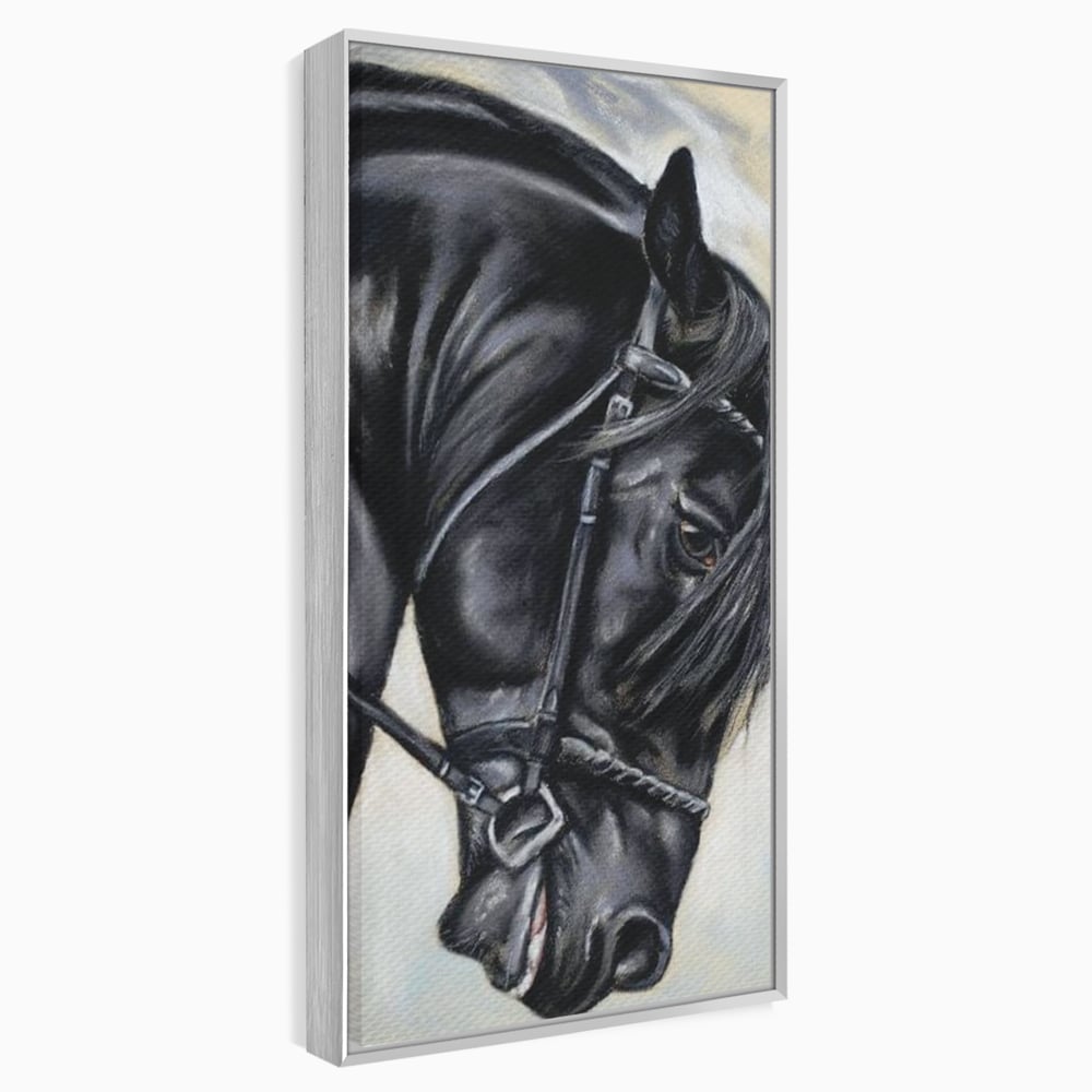 Tablou canvas cu tablou canvas cu pictura de armasar negru in profil, in rama de aluminiu argintiu